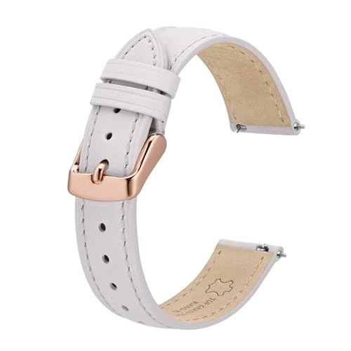 DKWOIS Damen-Uhrenarmband, 12 mm, 14 mm, 15 mm, 16 mm, 18 mm, 20 mm, Leder-Uhrenarmband, Schnellverschluss, Ersatzarmband(White-Rose gold,18mm) von DKWOIS