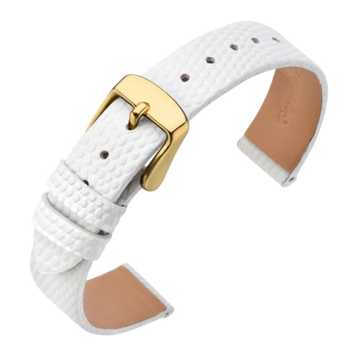 DKWOIS Leder-Uhrenarmband for Damen, 12 mm, 13 mm, 14 mm, 15 mm, 16 mm, 18 mm, 20 mm, Eidechsenmaserung, schlankes, dünnes Ersatzarmband, Edelstahl-Schnalle(White-Gold Buckle,16mm) von DKWOIS