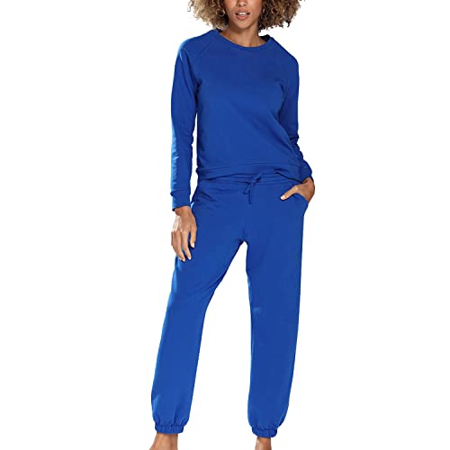 DKaren Dame Homewear Set Bequem Musterlos Rundhlasausschnitt Komfortabel Wenezja, Blau,L von DKaren