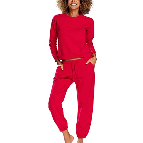 DKaren Dame Homewear Set Bequem Musterlos Rundhlasausschnitt Komfortabel Wenezja, Rot,L von DKaren