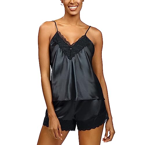 DKaren Dame Schlafanzug 2-Teilig Set Pyjama Satin Spitze Sinnlich Elegant Nachtwäsche Hawa, Schwarz,XXL von DKaren