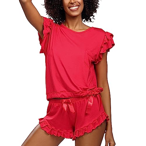 DKaren Damen Schlafanzug Set Lulu XS - Zweiteiler Damen Pyjama - Loungewear mit Kurzen Ärmeln und Shorts - Nachtwäsche Damen mit Tasche und Rüschen - Pjama Set Kurz Rot von DKaren