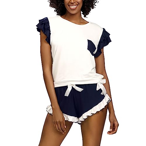 DKaren Damen Schlafanzug Set Lulu M - Zweiteiler Damen Pyjama - Loungewear mit Kurzen Ärmeln und Shorts - Nachtwäsche Damen mit Tasche und Rüschen - Pjama Set Kurz Ecru-Marineblau von DKaren