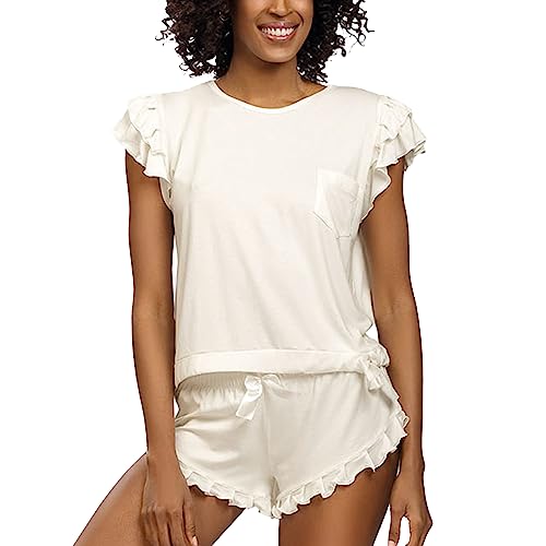 DKaren Damen Schlafanzug Set Lulu S - Zweiteiler Damen Pyjama - Loungewear mit Kurzen Ärmeln und Shorts - Nachtwäsche Damen mit Tasche und Rüschen - Pjama Set Kurz Ecru von DKaren