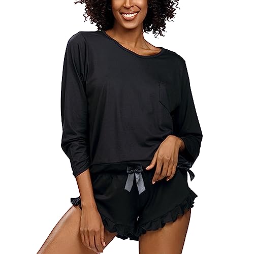 DKaren Damen Schlafanzug Set Ronnie XXL - Zweiteiler Damen Pyjama - Loungewear mit Langen Ärmeln und Kurzen Hosen - Nachtwäsche Damen mit Tasche und Rüschen - Pjama Set Schwarz von DKaren