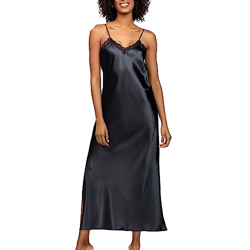 DKaren Nachtkleid Damen Lang Abeni M - Satin Nachthemd Lang - Unterkleid Damen Lang mit Spitze am Ausschnitt - Satin-Nachthemd - Negligee Damen Satin Schwarz von DKaren