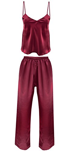 DKaren Nachtwäsche Damen Satin Schlafanzug Lang Pyjama Zweiteiler Spaghettiträger Top Schlafanzughose lang IGA (Bordeaux, XL) von DKaren