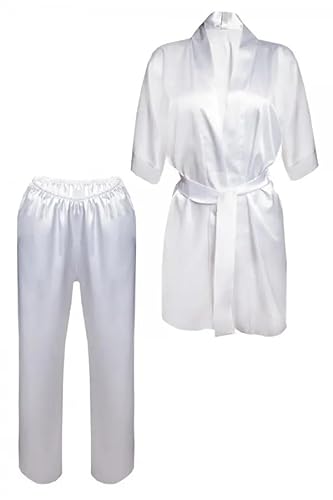 DKaren Pyjama Damen Satin Set XL Keira - Schlafanzug für Damen, 2 Teiliges Set Nachtwäsche Pajamas for Women - Langarm Hose Elegante, Weiß von DKaren
