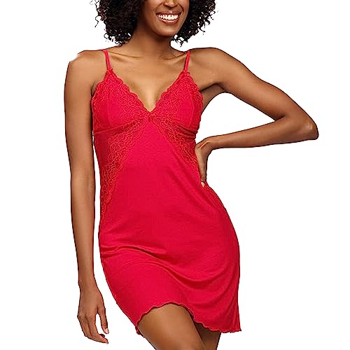 DKaren Satin Nachthemd Damen Zuwena XL - Nachtkleid Damen an Riemen - Satin Kleid Kurz - Unterkleid Damen mit Spitze - Satin-Nachthemd Rot von DKaren