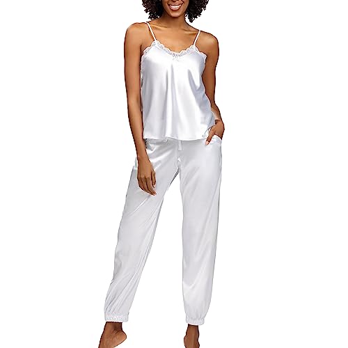 DKaren Satin Pyjama Damen Set Day M - Zweiteiler Nachtwäsche Damen - Damen Pyjama mit Trägerbluse und Langer Hose - Pjama Set mit Spitze am Ausschnitt - Satin Schlafanzug Weiß von DKaren