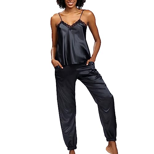 DKaren Satin Pyjama Damen Set Day S - Zweiteiler Nachtwäsche Damen - Damen Pyjama mit Trägerbluse und Langer Hose - Pjama Set mit Spitze am Ausschnitt - Satin Schlafanzug Schwarz von DKaren