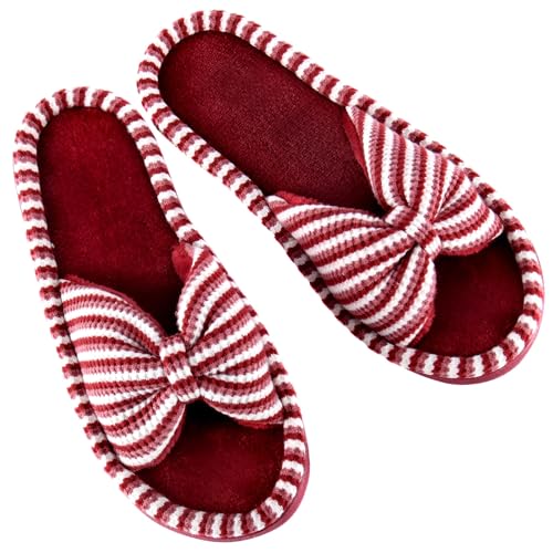 DL Damen-Hausschuhe aus Memory-Schaum, offene Zehenpartie, mit niedlicher Schleife und gemütlichem Frottee-Futter, Slip-on-Hausschuhe, Spa-Pantoletten, Sandalen mit Gummisohle für drinnen und draußen von DL
