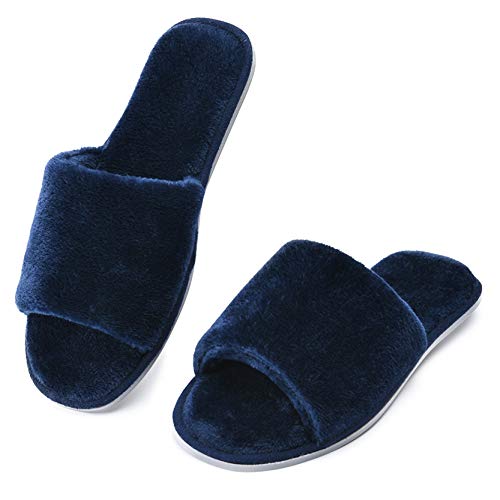 DL Damen Hausschuhe für Frauen Pantoletten mit fell Offene rutschfeste Pantoffeln Innenbereich Bequeme Hause Slippers Navy Blau 36-37 von DL