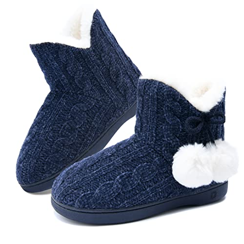 DL Hausschuhe Damen Warm Winter Plüsch Knit Bootie Pantoffeln harter Sohle House Slippers Hausstiefel Hüttenschuhe Navy Blau 37 von DL