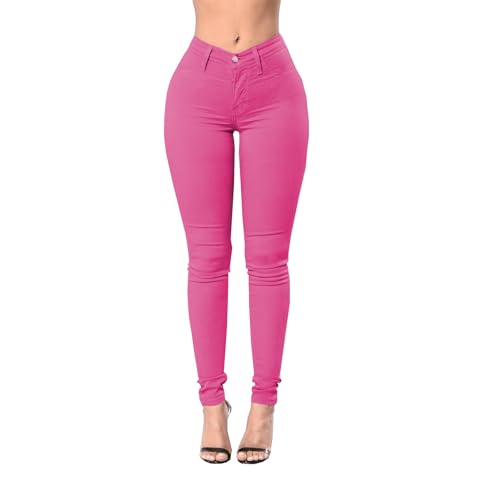 DLAYBGFA Damen High Waist Skinny Stretch Jeans Shaping Butt Lifting Jeans Slim Fit Denim Pants Jeggings Jeans, Knallpink (Hot Pink), M von DLAYBGFA