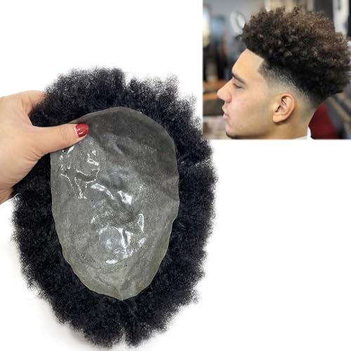 Curly Wave Afro Toupet, Afrikanisches Männer Haarteil Echthaar Extensions Haut PU Ersatzperücke #1(Black,13 * 18cm) von DLKJCX
