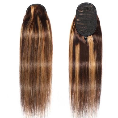 Gerade Pferdeschwanz-Extensions, Pferdeschwanz-Extensions mit Kordelzug, Echthaar-Wickel-Extensions für Frauen, natürliche Farbe(P4/27,20in(50cm)) von DLKJCX