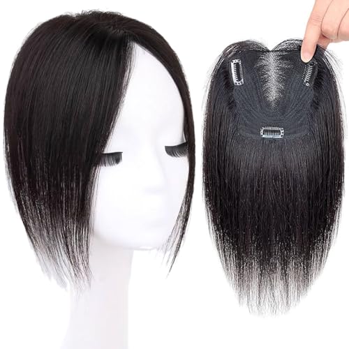 Haarteil aus Echthaar für Damen, goldene Clip-in-Haarteile mit Pony, 13 x 13 cm, größere Seidenbasis, 150% Dichte, für Damen mit dünner werdendem Haar(Black) von DLKJCX