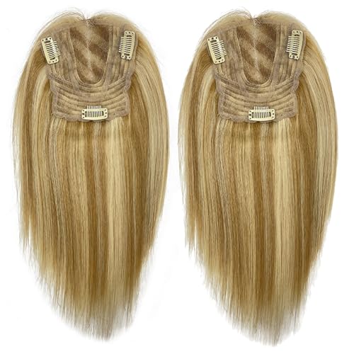 Haarteil aus Echthaar für Damen, goldene Clip-in-Haarteile mit Pony, 13 x 13 cm, größere Seidenbasis, 150% Dichte, für Damen mit dünner werdendem Haar(p27/613) von DLKJCX