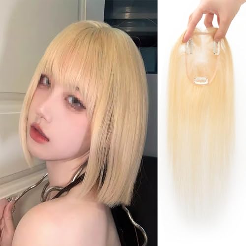 Haarteile aus Echthaar für Damen, 613 Blonde Clip-in-Topper mit 3 Clips, Schweizer Spitzenbasis, handgeknüpft, für Haarausfall, kein Pony(613,9 * 8-20CM) von DLKJCX