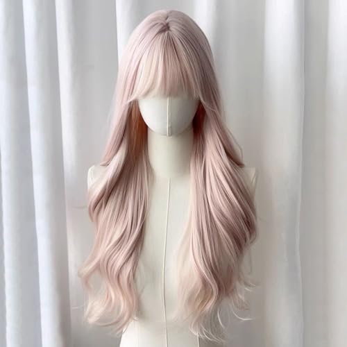Lange rosa Perücke mit Pony, gewellte Perücke mit stumpfem Pony für Frauen, synthetische Sakura-Pink-Perücke mit geschichteten Enden von DLKJCX