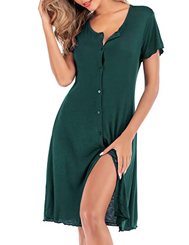 DLOREUK Damen Nachthemd Kurzarm Nachthemd V-Ausschnitt Knopfleiste Pyjama Kleid S-XXL - Gr�n - XX-Large von DLOREUK