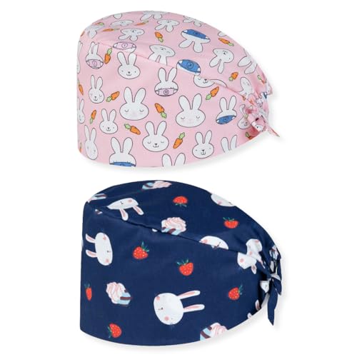 DLPRK 2 Stück Verstellbare OP Hauben Damen Unisex Arbeitskappe Baumwolle mit Baumwolldruck (Kranken-Schwesternkappe, Staubhauben Kappe) von DLPRK
