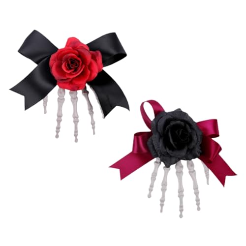 DLPRK 2er-Set Gothic Haarklammern – Schwarze & Rote Skelett-Hand-Rosen – Metall-Spange, langlebige Legierung, Halloween-Gothic-Accessoire für Damen & Mädchen von DLPRK