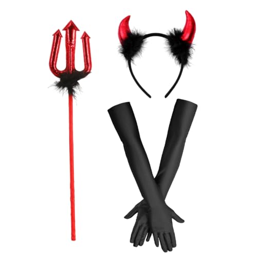 DLPRK 3-Teil Teufel Kostüm Set für Damen & Mädchen – 1 Teufelhörner-Haarreif, 1 Teufel-Trident, 1 Paar rote Handschuhe – perfektes Accessoire für Halloween, Karneval & Fasching von DLPRK