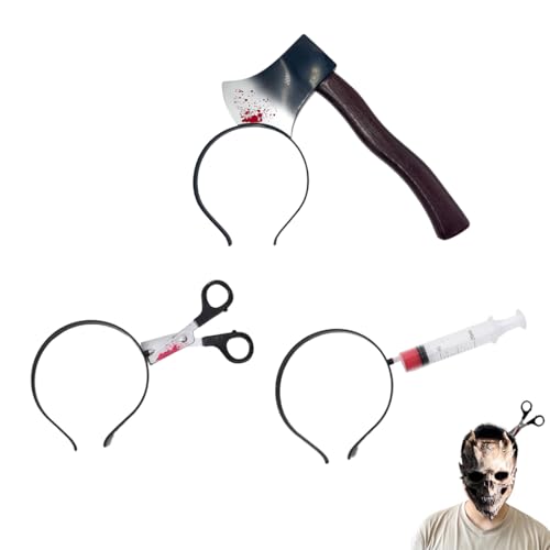 DLPRK 3er-Set Halloween Haarreif: Axt, Nadel & Schere – realistischer Im-Kopf“-Schock-Effekt ultraleichter Kunststoff-Kopfschmuck für Damen & Herren, perfektes Kostüm-Accessoire für Zombie-Partys von DLPRK