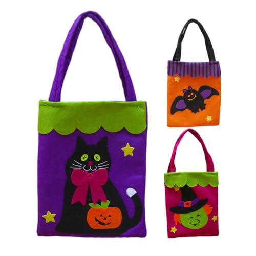 DLPRK 3er-Set Halloween-Kinder-Trick-or-Treat-Taschen – Orange Fledermaus, Pink Hexe, Lila Schwarze Katze – 22 × 26 cm Vlies-Handbeutel, wiederverwendbare Süßigkeiten-Eimer-Alternative von DLPRK