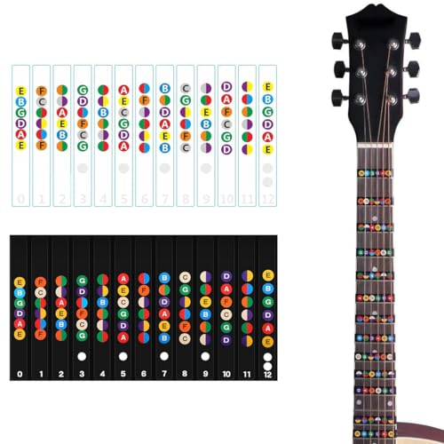 DLPRK 4 Stück Gitarren Noten Aufkleber, Gitarrengriffbrett Gitarrenhals Sticker, Farbige Noten Zubehör für Griffbrett mit 6 Saiten, Akustikgitarre Elektrische Anfänger Lernen (Schwarze,Weiß) von DLPRK