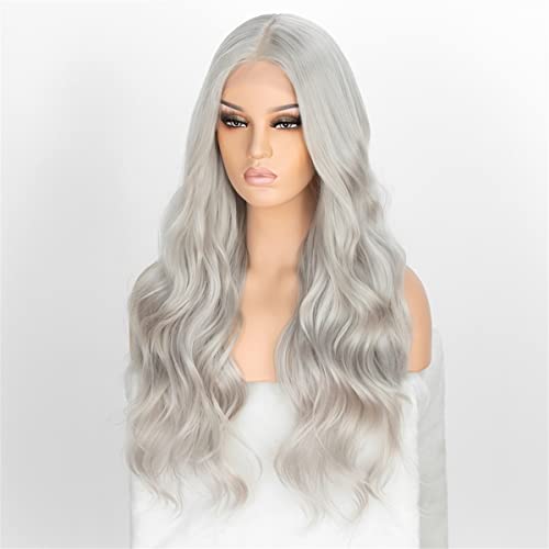 Lace Front Wigsgray Lace Wig Middle Part Long Wavy Lace Wigs for Women Body Wave Synthetic Platinum Wig Heat Resistant Cosplay Wig,28 inch von DLSEAN