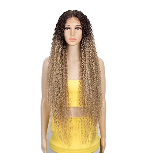 Synthetic Lace Front Wig Afro Kinky Curly Wig with Baby Hair Middle Part Ombre Black Blonde Wig for Black Women,B,28 inch von DLSEAN