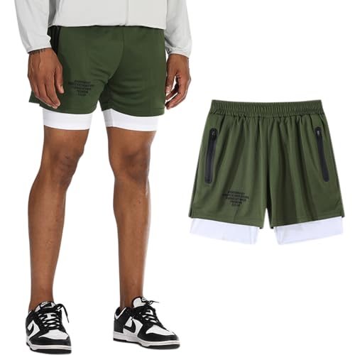 DLSMDOUS Herren 2 in 1 Laufsport Shorts Sportliche Trainings Shorts Schnell Trocknende, Atmungsaktive Gymnastikhose mit Reißverschlusstaschen Armee grün XL von DLSMDOUS