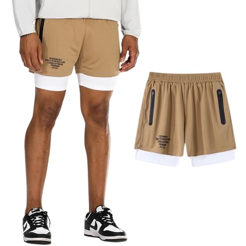 DLSMDOUS Herren 2 in 1 Laufsport Shorts Sportliche Trainings Shorts Schnell Trocknende, Atmungsaktive Gymnastikhose mit Reißverschlusstaschen Khaki L von DLSMDOUS