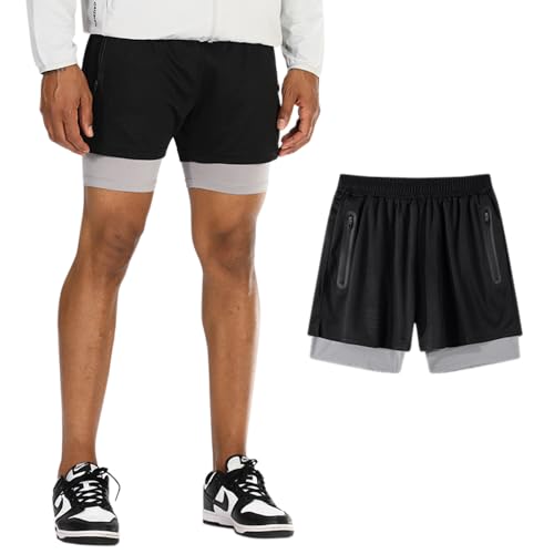 DLSMDOUS Herren 2 in 1 Laufsport Shorts Sportliche Trainings Shorts Schnell Trocknende, Atmungsaktive Gymnastikhose mit Reißverschlusstaschen Schwarz M von DLSMDOUS