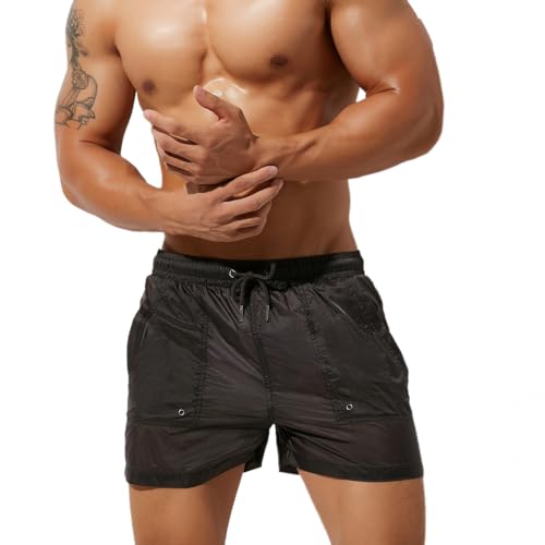 DLSMDOUS Herren Badehose mit Mesh-Innenfutter und schrägen Taschen für Strand, Surfen, Schwimmen, Boardsport Schwarz L von DLSMDOUS