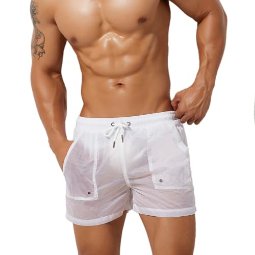 DLSMDOUS Herren Badehose mit Mesh-Innenfutter und schrägen Taschen für Strand, Surfen, Schwimmen, Boardsport Weiß XL von DLSMDOUS