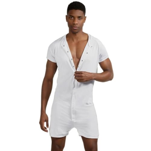 DLSMDOUS Herren Einteiler Pyjama mit Kurzen Ärmeln Sexy Lounge Einteiler Pyjama Overall Pyjama Dehnbarer Strampler Pyjama für Erwachsene Weiß XL von DLSMDOUS