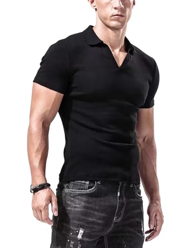 DLSMDOUS Herren Rippenstrick Golf Tshirts mit V-Ausschnitt Kurzarm Slim Fit Schwarz S von DLSMDOUS