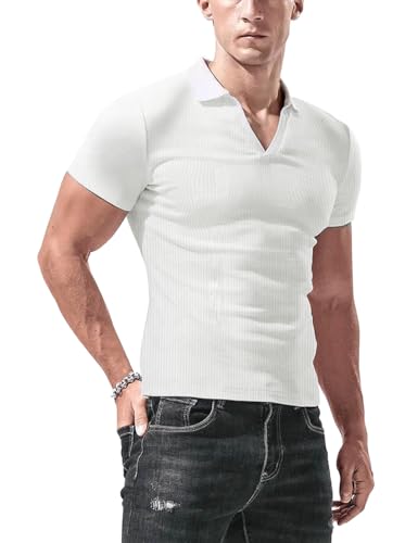 DLSMDOUS Herren Rippenstrick Golf Tshirts mit V-Ausschnitt Kurzarm Slim Fit Weiß XL von DLSMDOUS
