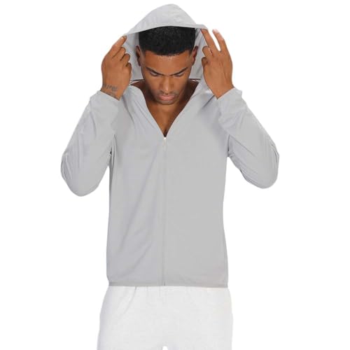 DLSMDOUS Herren UPF 50+ Sonnenschutz Kapuzenjacke mit durchgehendem Reißverschluss Leichte kühlende Langarmshirts zum Laufen Wandern Angeln Workout Grau XL von DLSMDOUS