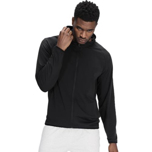 DLSMDOUS Herren UPF 50+ Sonnenschutz Kapuzenjacke mit durchgehendem Reißverschluss Leichte kühlende Langarmshirts zum Laufen Wandern Angeln Workout Schwarz S von DLSMDOUS