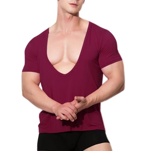 Herren Modal Weich & Stylisch Tiefer V-Ausschnitt Kurzarm T-Shirt mit tiefem Schnitt & Schlanke Passform & Dehnen Weinrot L von DLSMDOUS