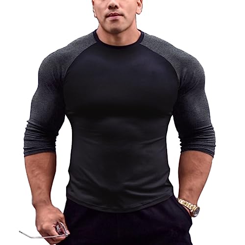Herren Muskeln Raglan schneiden T-Shirts mit 3/4 Hülse Fitness Trainiert T-Shirt T4303 Schwarz-Dunkelgrau L von DLSMDOUS
