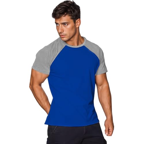 Herren Muskeln Raglan schneiden T-Shirts mit Kurzarm Fitness Trainiert T-Shirt 4320 Blau-Hellgrau L von DLSMDOUS