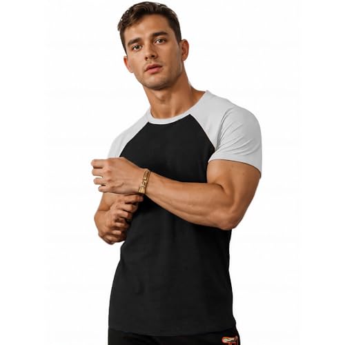 Herren Muskeln Raglan schneiden T-Shirts mit Kurzarm Fitness Trainiert T-Shirt 4320 Schwarz-Weiß L von DLSMDOUS