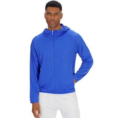Herren UPF 50+ Sonnenschutz Kapuzenjacke mit durchgehendem Reißverschluss Leichte kühlende Langarmshirts zum Laufen Wandern Angeln Workout Blau M von DLSMDOUS