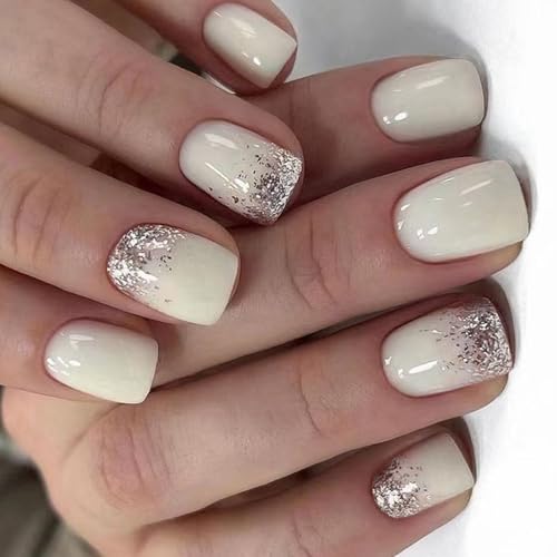 24 Stück French Tip Press on Nails kurz quadratisch falsch einfarbig Acryl volle Abdeckung zum Aufkleben für Damen von DLUKENY